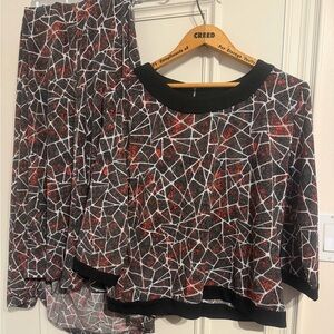 Geometric Patterned Black and Red top and Skirt